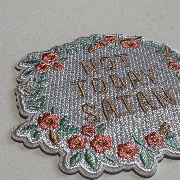 NEW Iron On Patch "NOT TODAY SATAN" Floral Cute Green & Pink - Picture 3 of 6